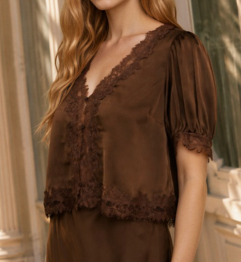 Satin V-Neck Blouse w Lace Trim