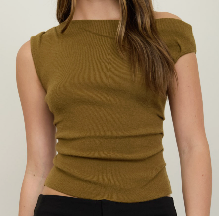 Olive Asymmetric Boat Neck Knit Top