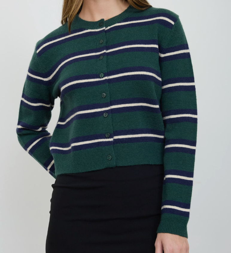 Green & Navy Striped Button Down Cardigan