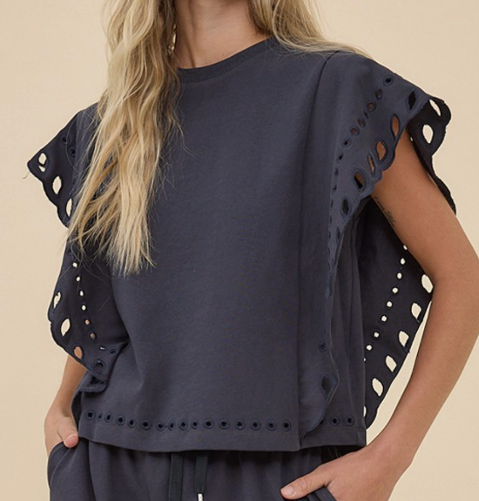 Navy French Terry Scallop Eyelet Flutter Sleeve Top