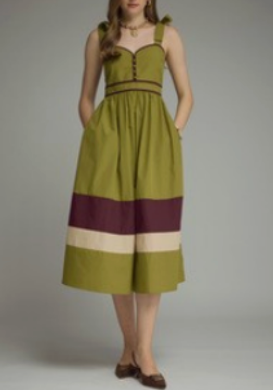 Olive Sleeveless Dress w Bottom Stripe Detail