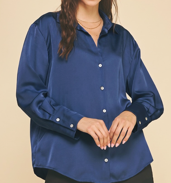 Navy Silky Button Up Blouse