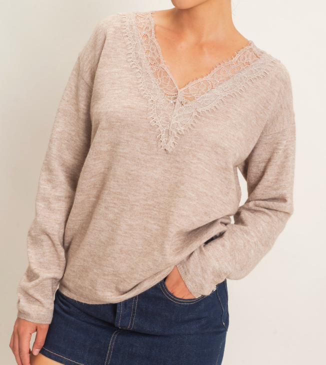 Lace Trim V-Neck Sweater