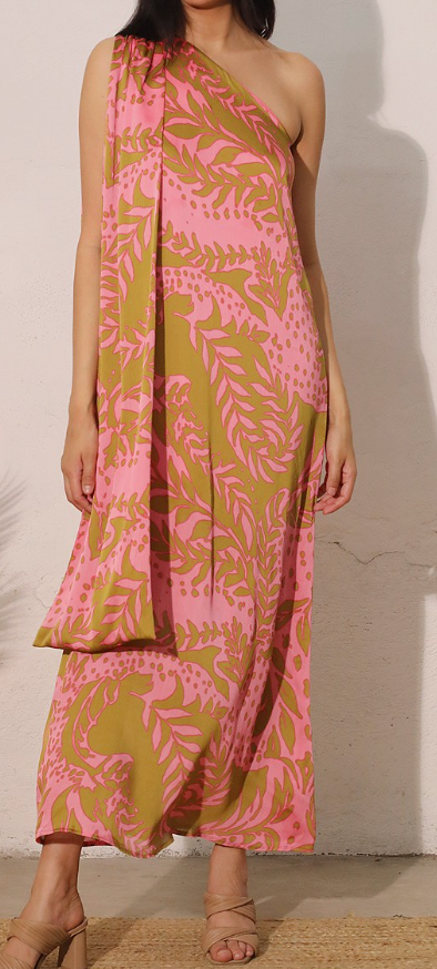 Pink Printed Shoulder Drape Maxi Dress