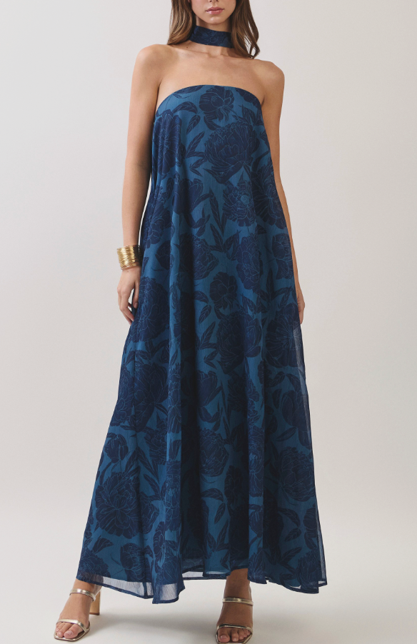 Blue Floral Print Maxi Dress w Scarf
