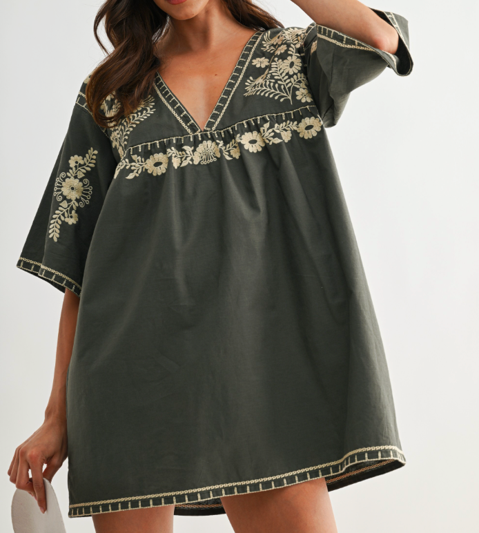 Olive V-Neck Dress w Embroidered Flowers