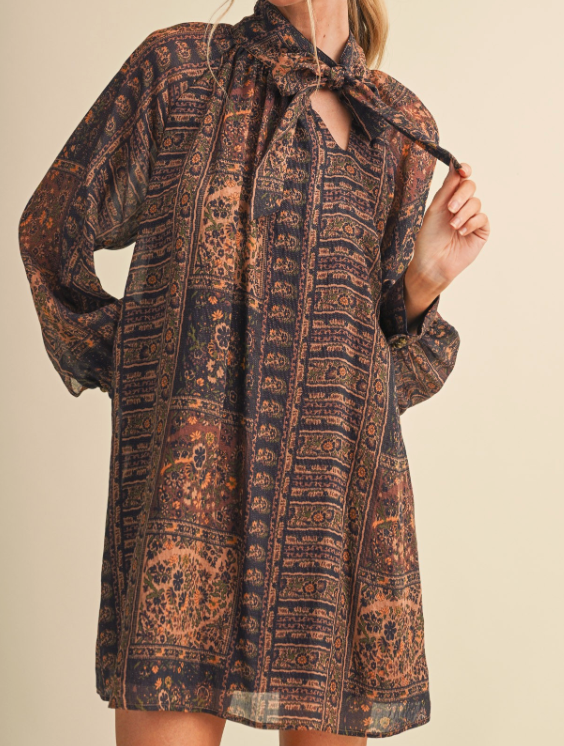Brown Printed Tie Neck Dress Long Slv