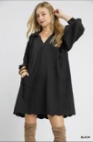 Olive Bubble Sleeve Dress with Scalloped Hem