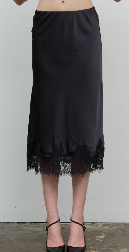 Satin Midi Skirt w Lace Trim