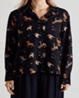 Black Long Slv Button Up Blouse w Horses
