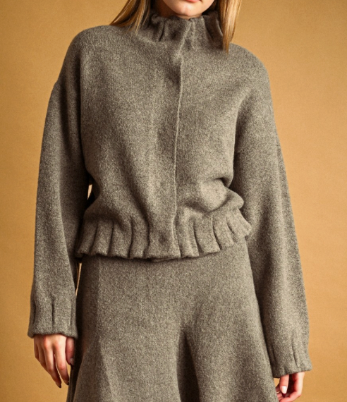 High Neck Sweater Jacket w Ruffle Detail