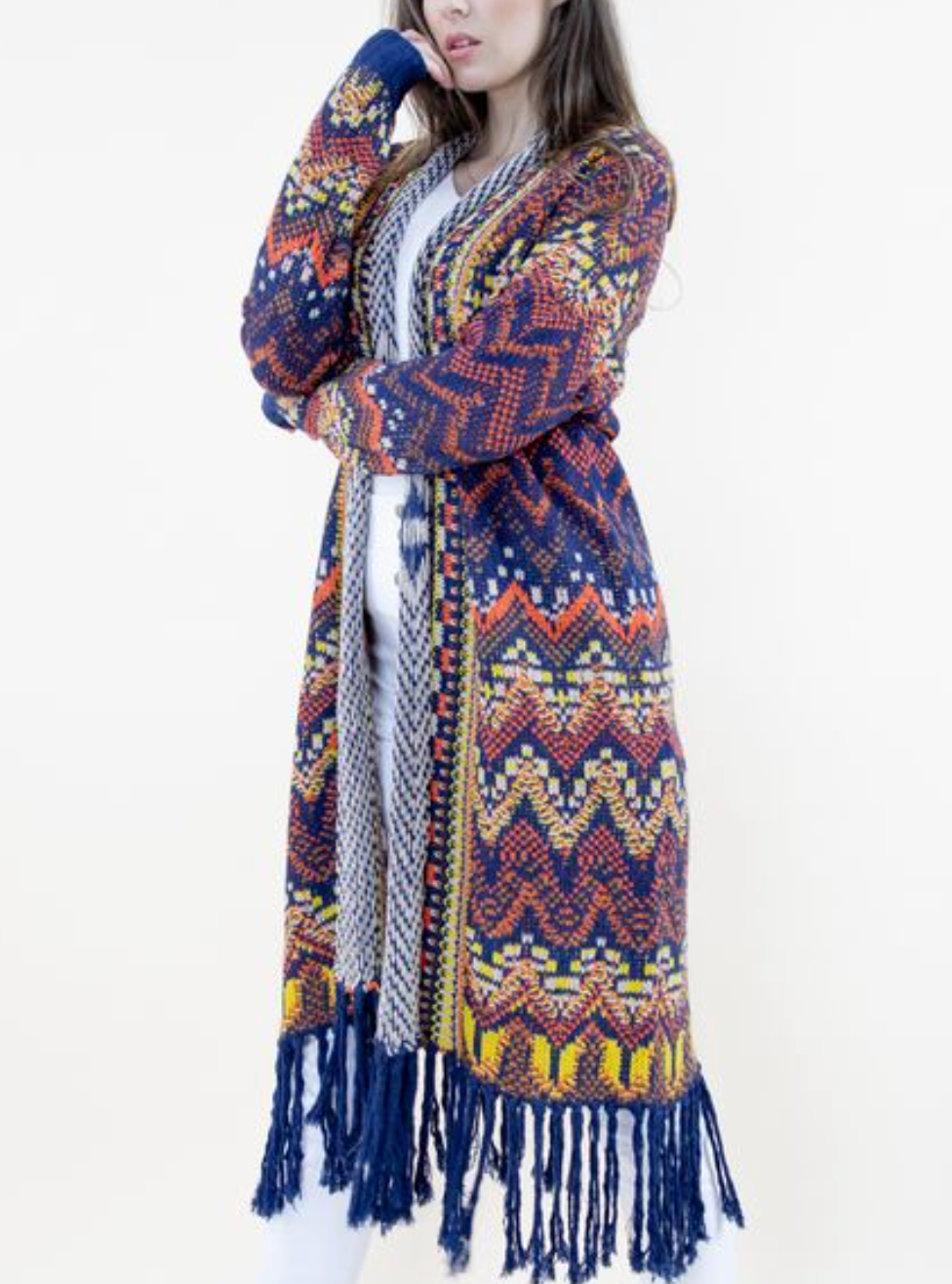 Orange & Navy Wavy Knit Long Sleeve Cardigan w Fringe