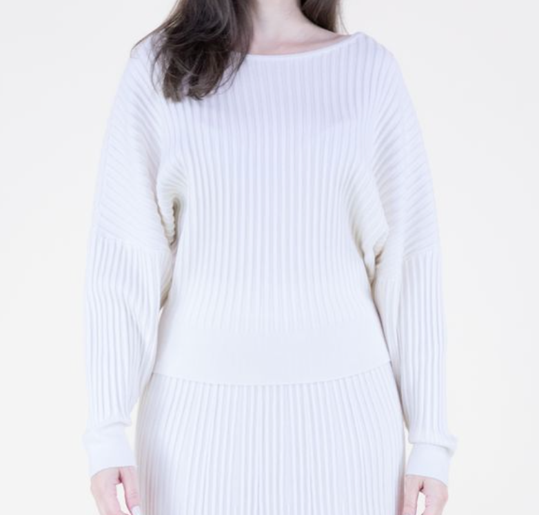 White Ribbed Boat Neck Sweater Top