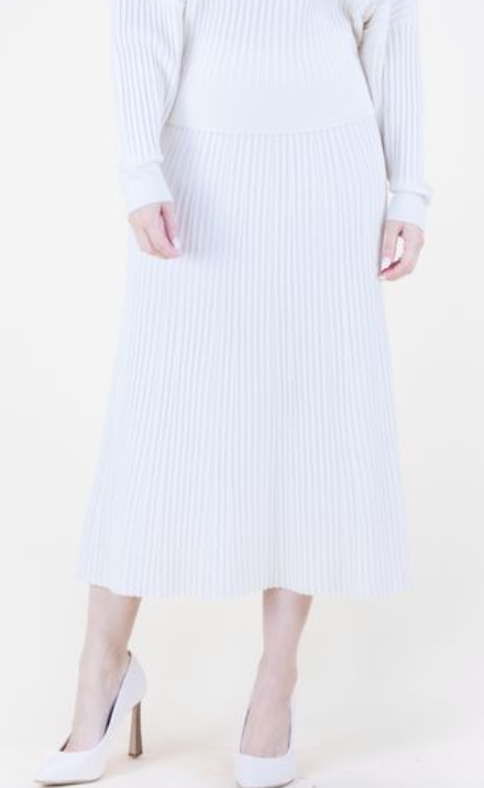 White Ribbed Knit Midi Skirt