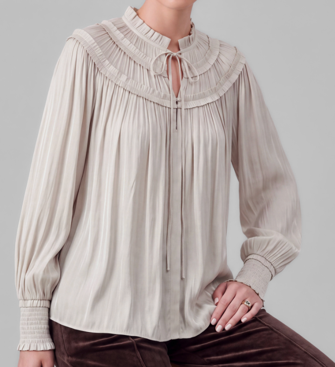 Ecru Pleated Satin Long Slv Blouse w Tie Neck