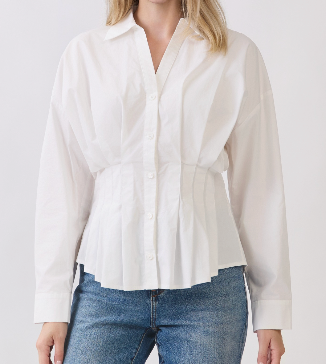 White Long Slv Pleated Button Up Blouse