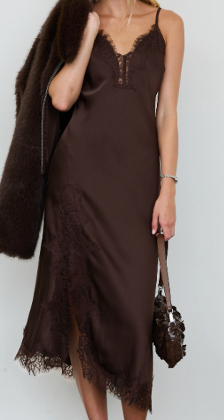 Brown Silky Midi Dress w Lace
