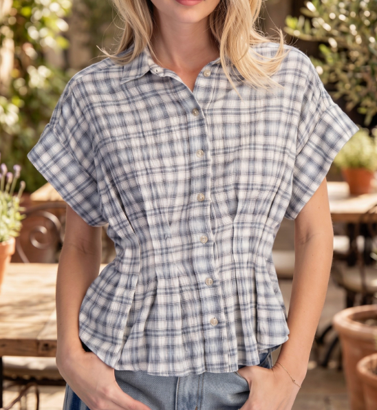 Plaid Cinched Waist Blouse