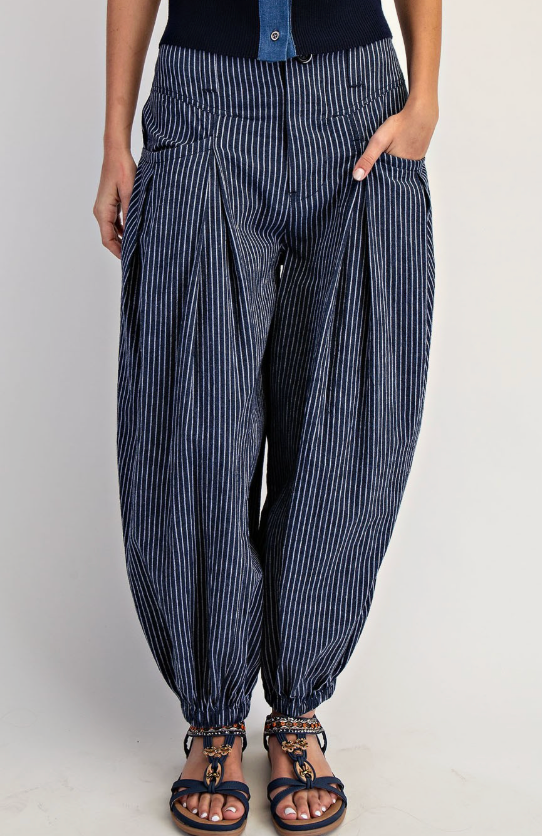 Striped Wide Leg Pants with Ankle Cinch