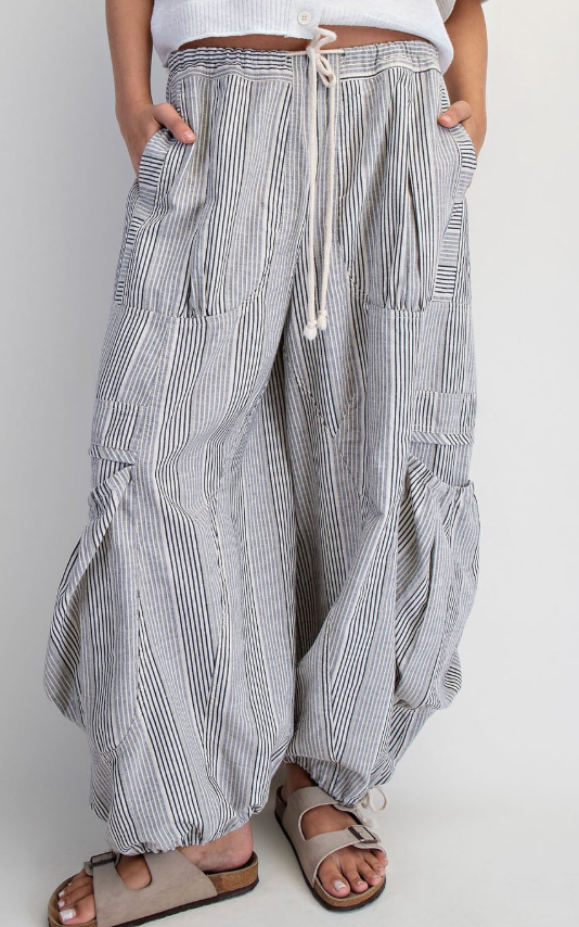 Striped Parachute Pants with Pocket Details