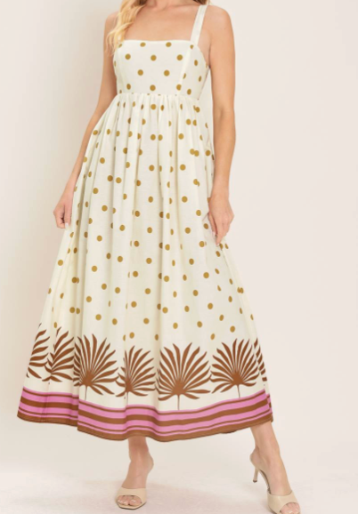 Cream & Brown Dot Dress w Pink Stripe Bottom