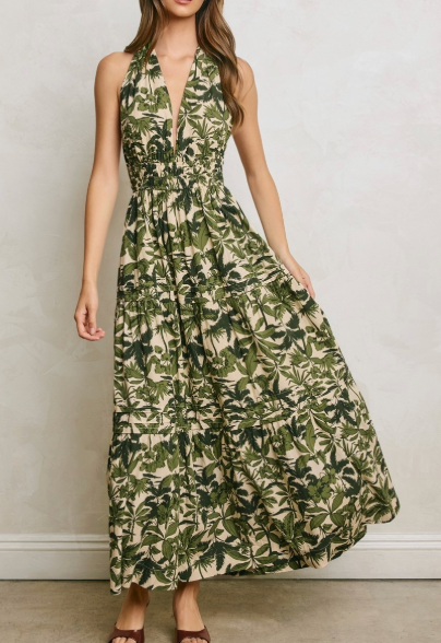 Palm Leaf Print Halter Maxi Dress