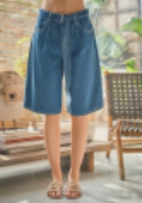 Denim Bermuda Shorts w Pleats & Belt