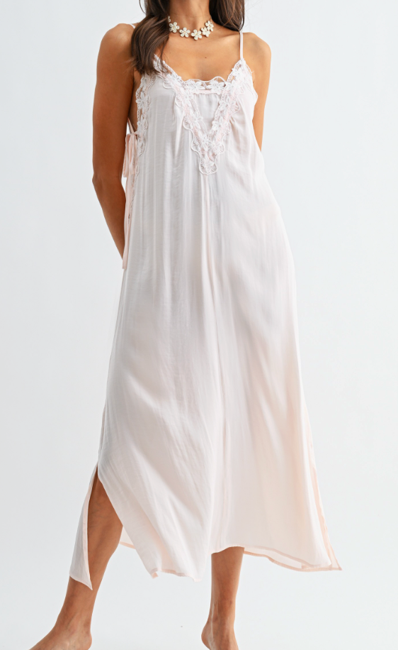 Blush Lace Trimmed Silky Maxi Dress