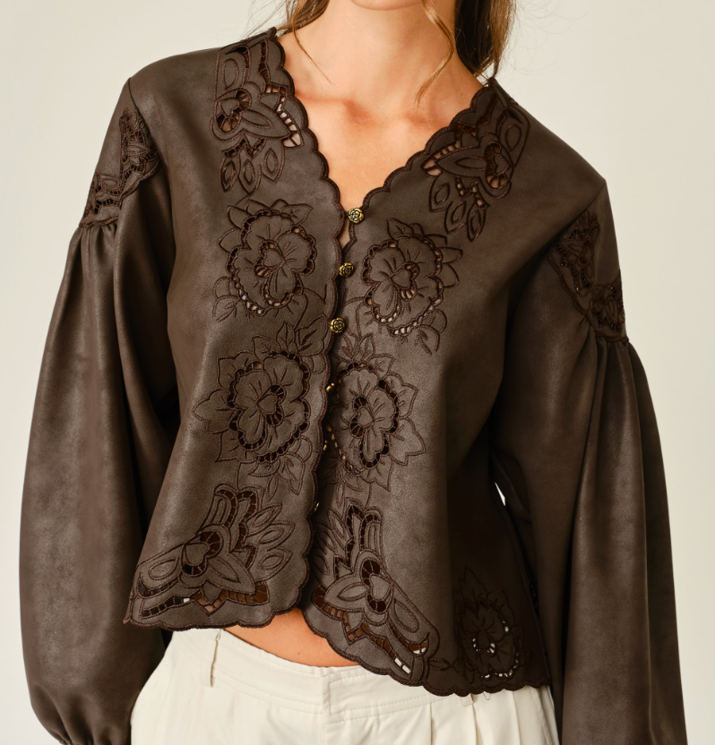 Dark Brown Vgn Leather Blouse w Floral Detail