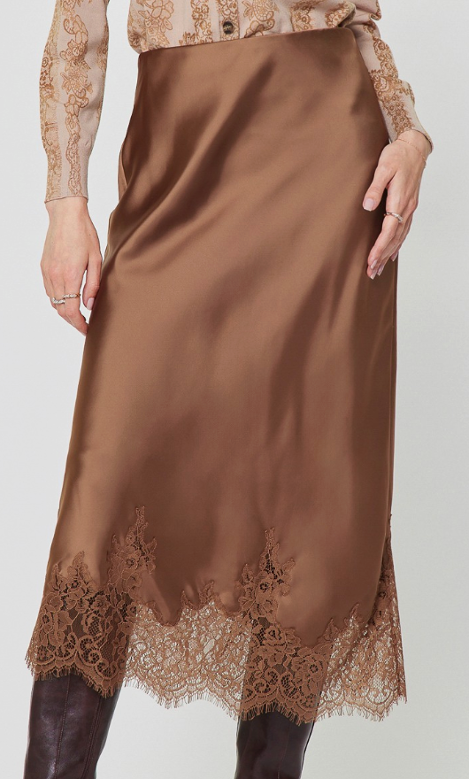 Mocha Satin Skirt w Lace Hem