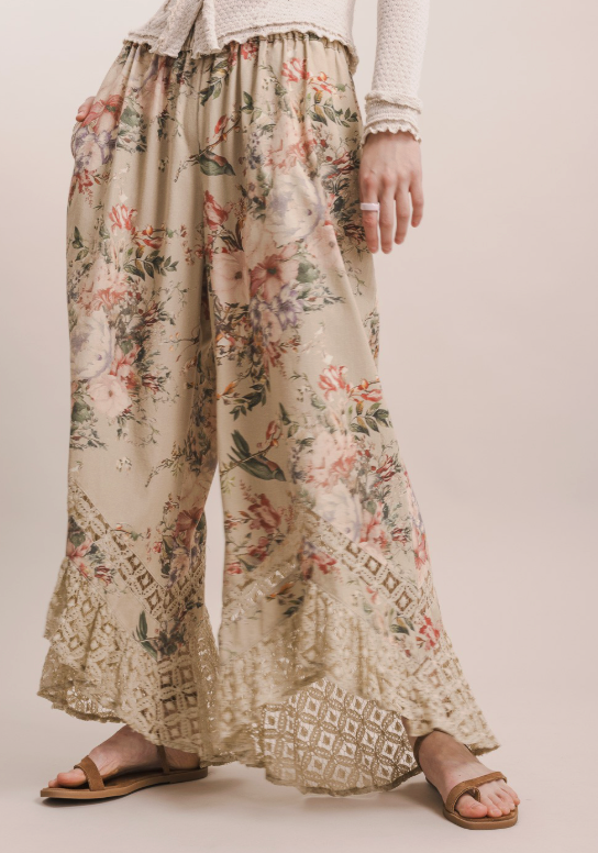 Wide Leg Floral Pants w Crochet Trim