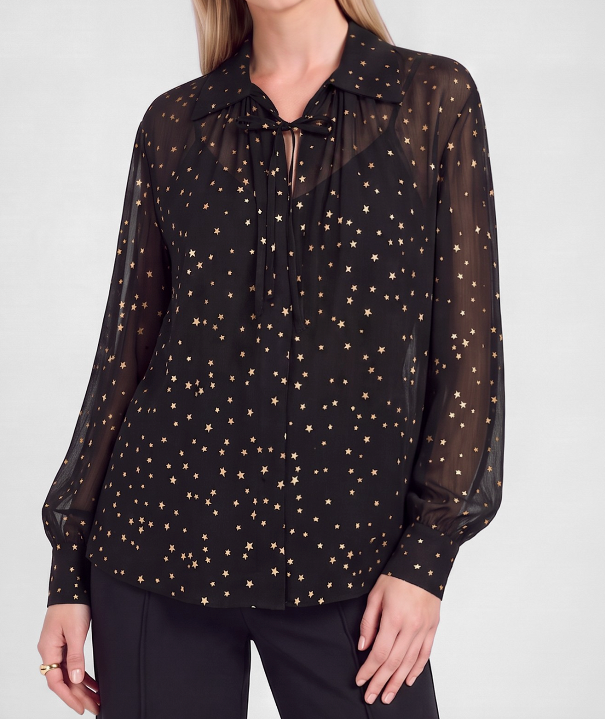 Black & Gold Star Print Blouse w Tie Neck