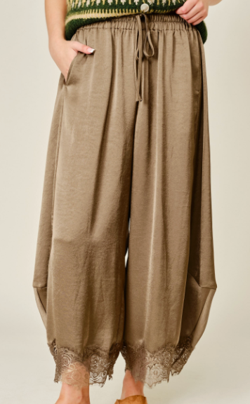 Olive Satin Barrel Pants w Lace Trim