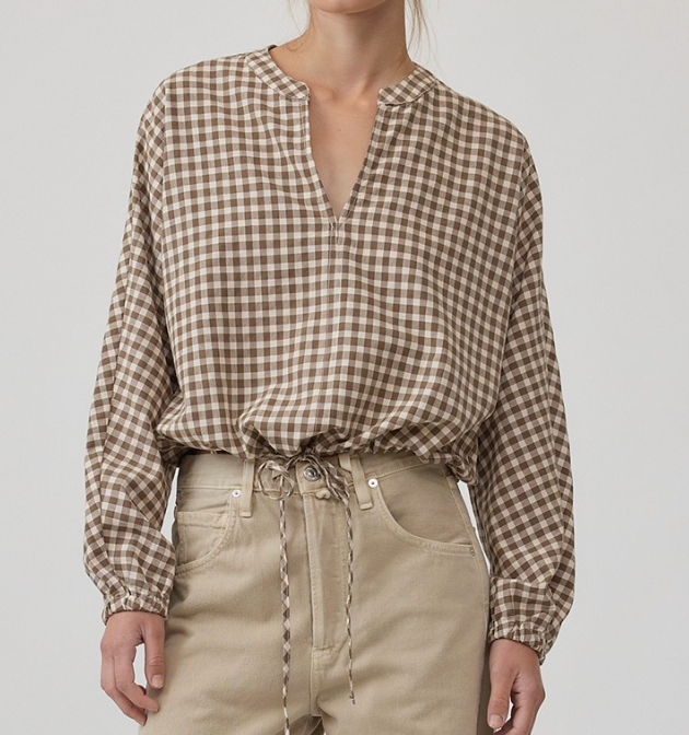 Brown Gingham Long Slv Blouse w Drawstring Waist