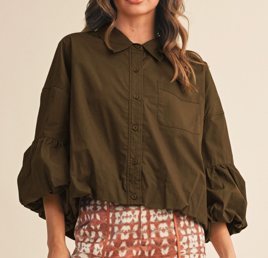 Collared Button Down Bubble Sleeve Top