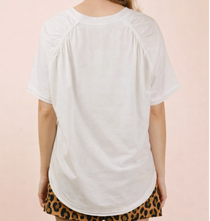 White V-Neck Tee with Back Shirring Detail