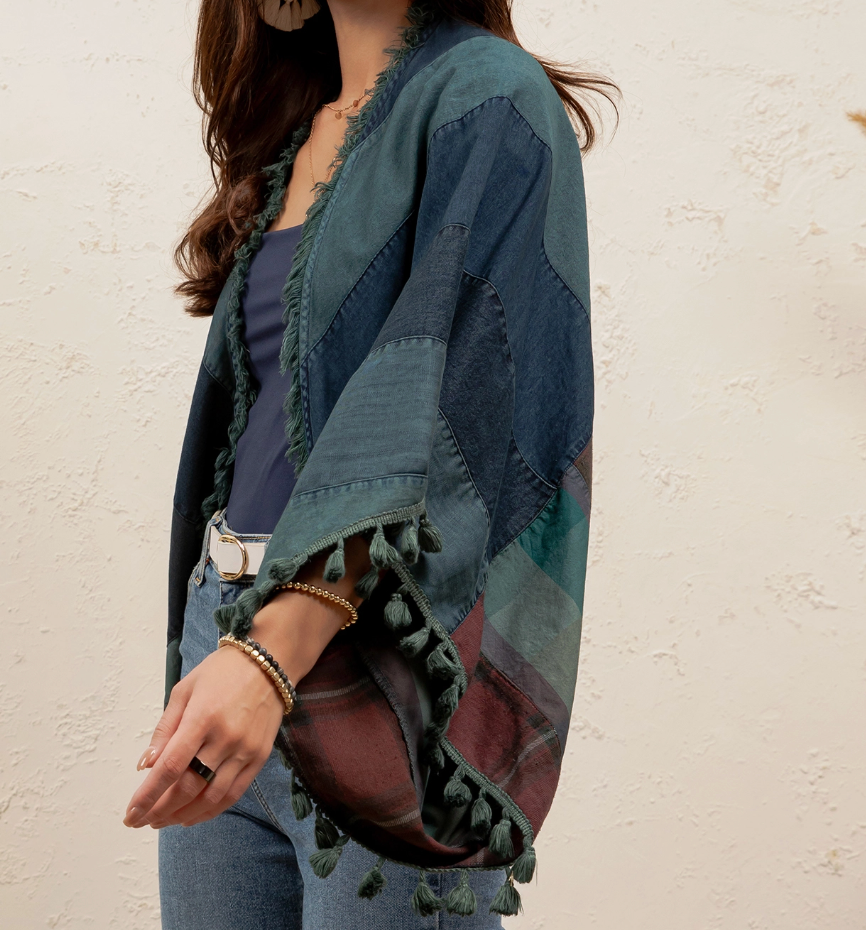 Denim Patchwork Poncho w Raw Hem