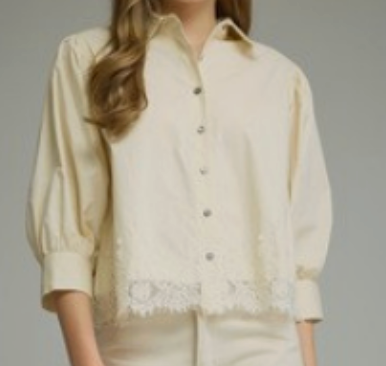 Collared Button Down with Lace Trim Waist