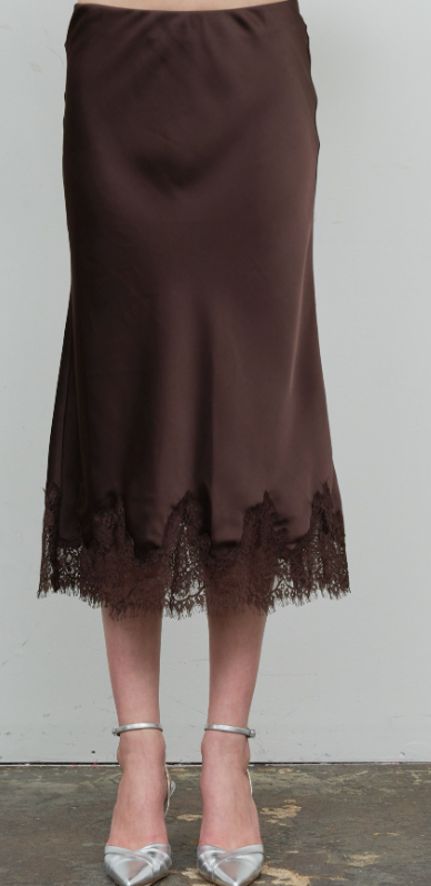 Satin Midi Skirt w Lace Trim